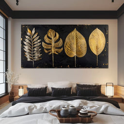 Golden Leaves on Black Background - NicheCanvas