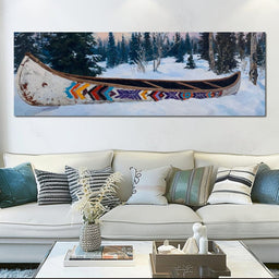 Painted Canoe Among Winter Pines - NicheCanvas