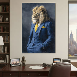 Regal Lion Portrait Blue Suit - NicheCanvas
