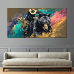 Cowboy Riding Wild Bear - NicheCanvas