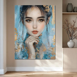 Golden Petals on Celestial Blue - NicheCanvas