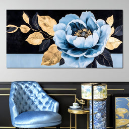 Golden Petals Blue Bloom - NicheCanvas