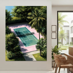 Palm Court Tennis Retreat Scene - NicheCanvas