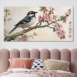 Small Bird Perched Upon Pink Petals - NicheCanvas