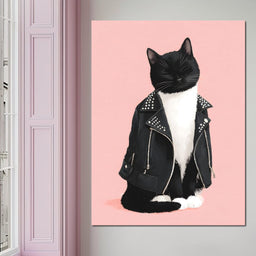 Biker Cat Attitude On Soft Pink - NicheCanvas