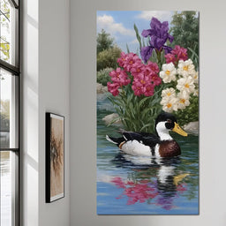 Duck Tranquility Floral Reflection - NicheCanvas