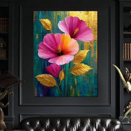 Teal Garden Golden Petals Flourish - NicheCanvas