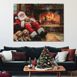 Santa Fireside Nap with Puppies - NicheCanvas
