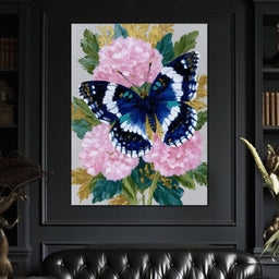 Blue Monarch on Pink Blossoms - NicheCanvas