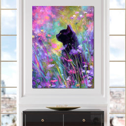 Midnight Feline Among Wildflowers - NicheCanvas