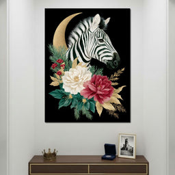 Moonlit Floral Gold Zebra - NicheCanvas