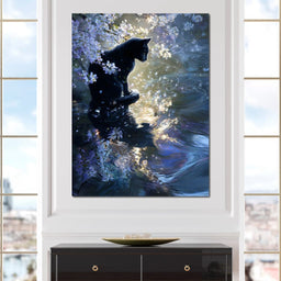 Black Cat Blossom Reflection - NicheCanvas