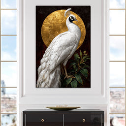 Golden Halo White Peacock Pose - NicheCanvas