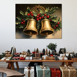 Golden Christmas Bells and Holly - NicheCanvas