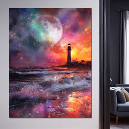 Celestial Lighthouse Tempest Waves - NicheCanvas