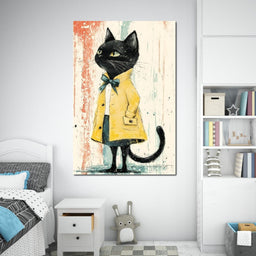 Elegant Feline in Yellow Rain Coat - NicheCanvas