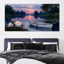 Tranquil Lotus Evening Rowboat - NicheCanvas