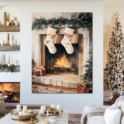 Christmas Gift Socks by the Fireplace - NicheCanvas
