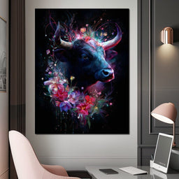 Cosmic Floral Bull Radiance - NicheCanvas