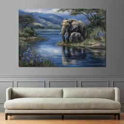 Elephant Family Riverbank Dream - NicheCanvas