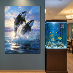 Breaching Orcas Dawn Ocean Dance - NicheCanvas