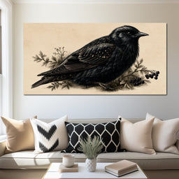 Solitary Starling Perched Upon Wild Berries - NicheCanvas