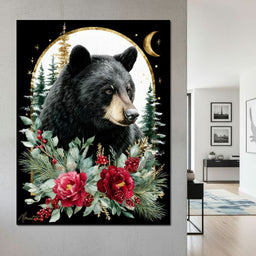 Moonlit Floral Gold Black Bear - NicheCanvas