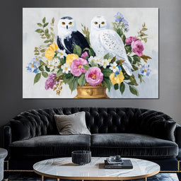 Snowy Owls Floral - NicheCanvas