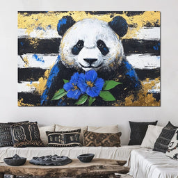 Golden Panda with Indigo Blooms - Alicia Smith - NicheCanvas