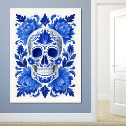 Blue Floral Sugar Skull Folkstyle - NicheCanvas
