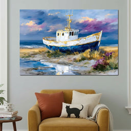 Coastal Boat Under Violet Sky - NicheCanvas