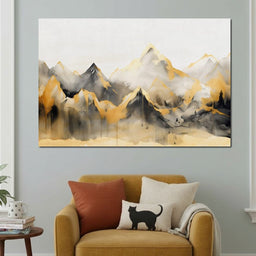 Golden Alpine Mist Watercolor Peaks - NicheCanvas