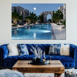 Moonlit Stone Courtyard Pool - NicheCanvas