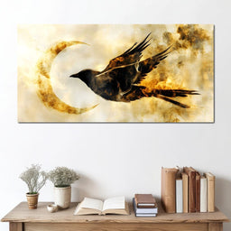 Golden Flight Under Crescent Moon - NicheCanvas