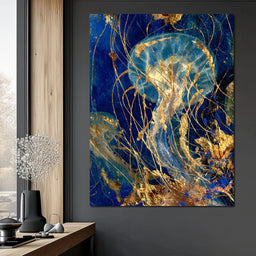Golden Jellyfish Deep Blue Sea - NicheCanvas