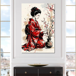 Japanese Woman with Cherry Blossoms - NicheCanvas