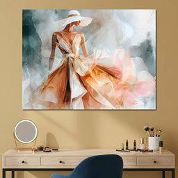 Sun Hat Lady in Peach Gown - NicheCanvas
