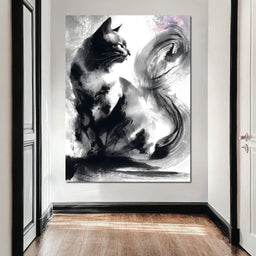 Sumi Ink Cat Reflecting Shadow - NicheCanvas