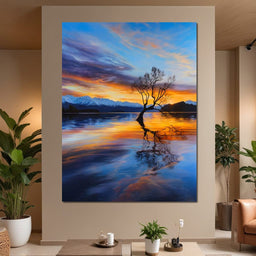 Lone Willow Sunset Reflection - NicheCanvas