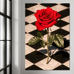 Red Rose on Checkerboard - NicheCanvas