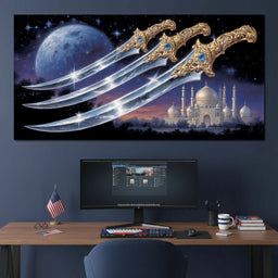 Moonlit Blades Over Golden Palace - NicheCanvas