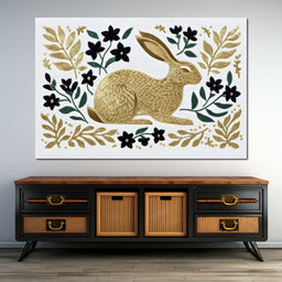 Golden Hare Botanical Folk Scene - NicheCanvas