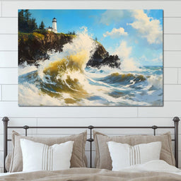 Towering Waves Against Lighthouse - NicheCanvas
