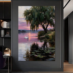 Swan Lake Sunset Willow Tree - NicheCanvas