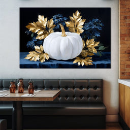 White Pumpkin And Golden Leaves - NicheCanvas