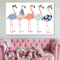 Four Stylish Flamingos on Summer Vacation - NicheCanvas