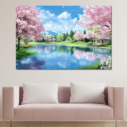 Cherry Blossom Lakeside Harmony - NicheCanvas