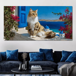 Cycladic Feline Sunlit Terrace - NicheCanvas