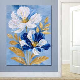 Blue White Peony Gold Leaf - NicheCanvas