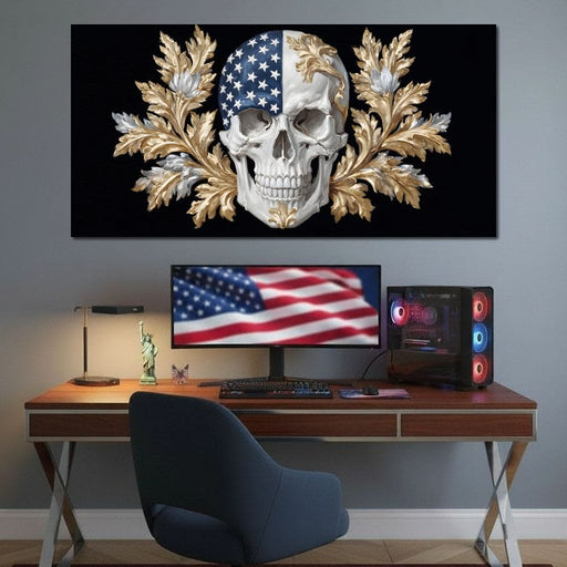 American Flag Skull Baroque Gold Canvas Print